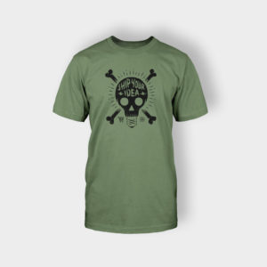 A green t-shirt with a skull and crossbones on it.