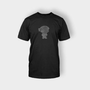 A black t-shirt with an image of a person 's head.