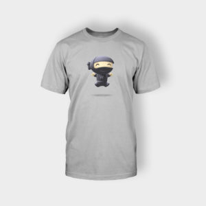 A gray t-shirt with a picture of a person wearing a helmet.