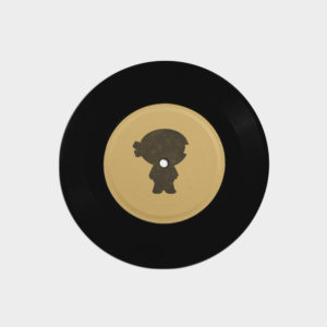 A black and gold record with a cartoon of a person.