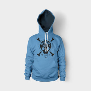 A blue hoodie with a skull and crossbones on it.