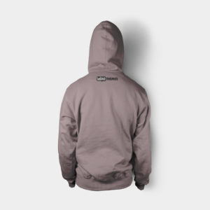 A person wearing a gray hoodie with a logo on the back.