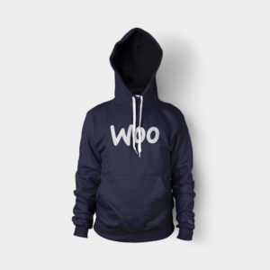 A navy blue hoodie with the word wpo written in white.