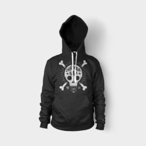 A black hoodie with a skull and crossbones on it.