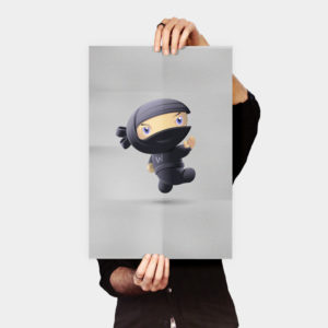 A person holding up a poster with a cartoon character.