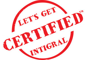 A red and white stamp with the words " let 's get certified integral ".