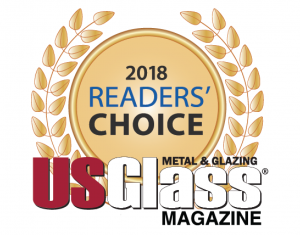 A gold medal with the words " readers choice 2 0 1 8 metal & glazing us glass magazine ".